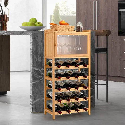 20-Bottle Freestanding Bamboo Wine Rack Cabinet with Display Shelf and Glass Hanger-Natural