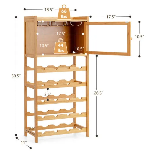 20-Bottle Freestanding Bamboo Wine Rack Cabinet with Display Shelf and Glass Hanger-Natural