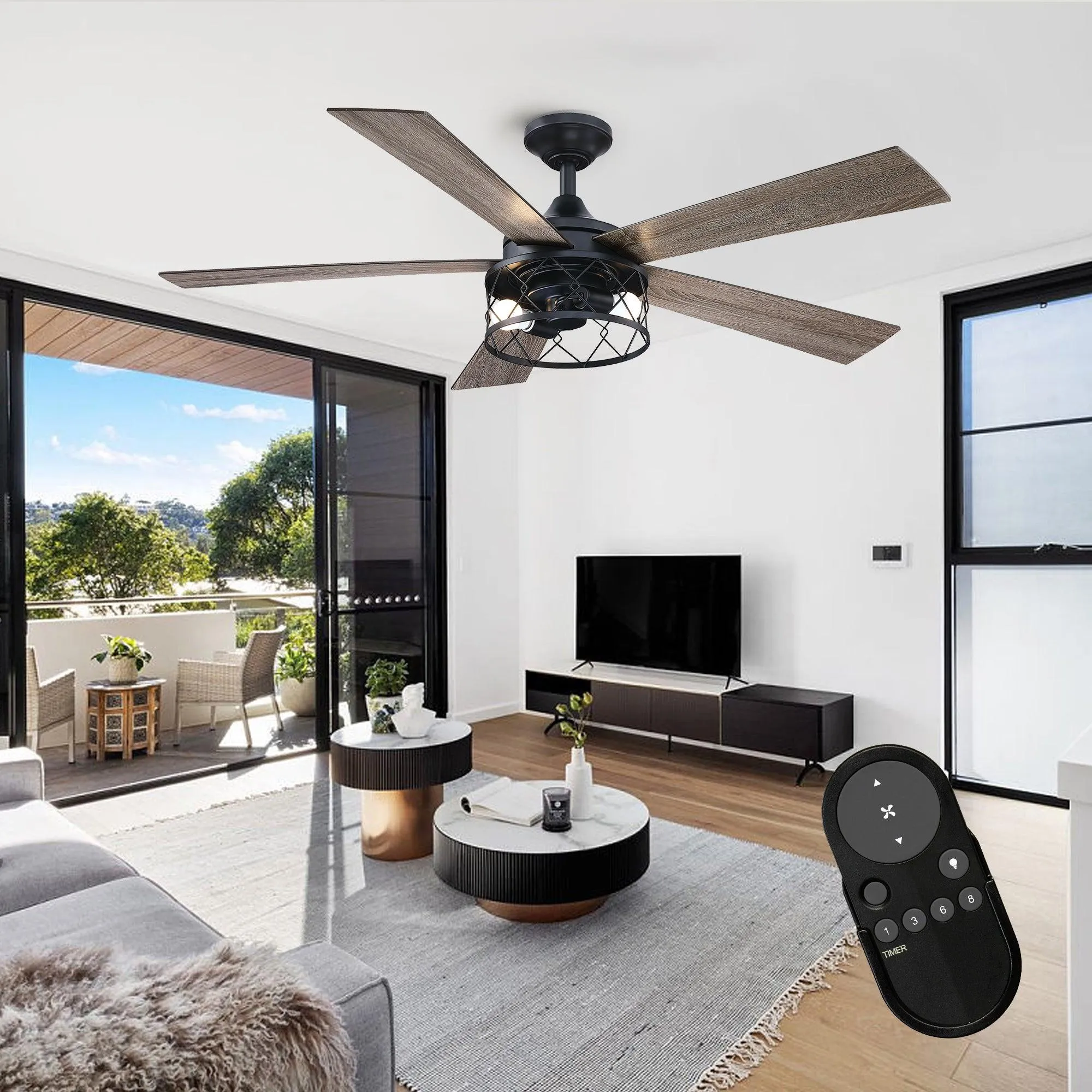 52" Windmill Industrial Downrod Mount Reversible Ceiling Fan with Lighting and Remote Control