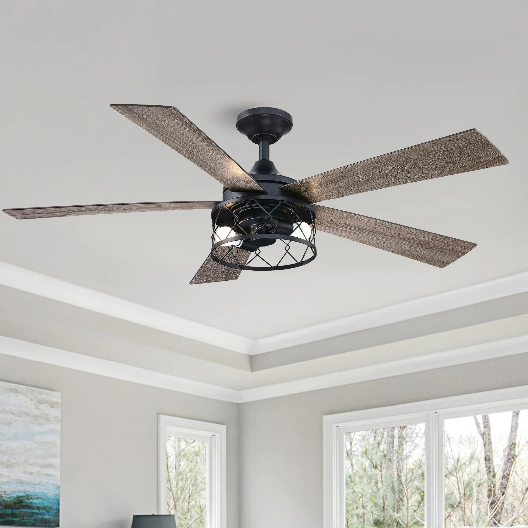 52" Windmill Industrial Downrod Mount Reversible Ceiling Fan with Lighting and Remote Control