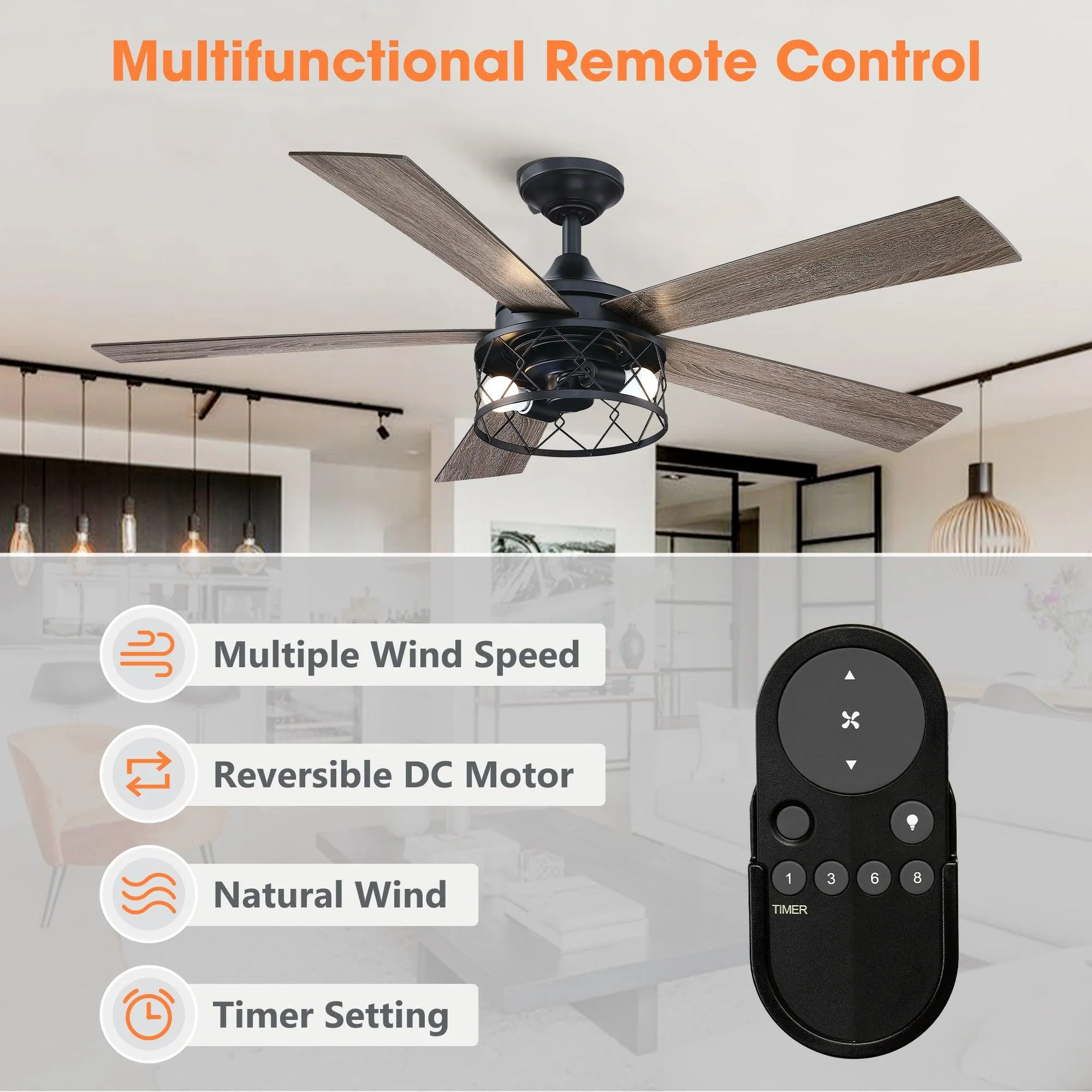 52" Windmill Industrial Downrod Mount Reversible Ceiling Fan with Lighting and Remote Control