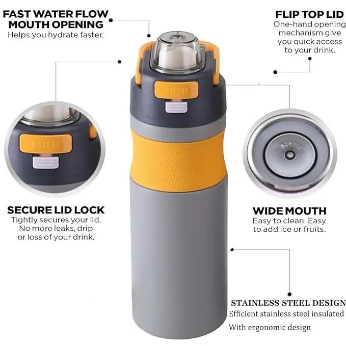 580ml Insulated Stainless Steel Bottle with Leak-Proof, Double-Wall Thermos for Hot & Cold (Grey)