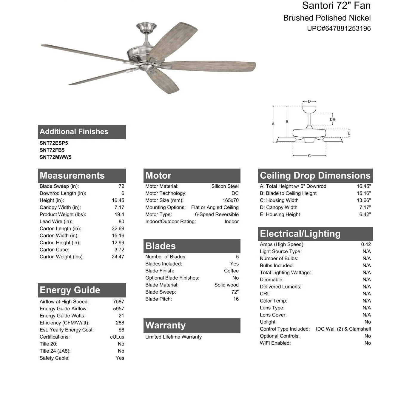 72" Santori in Brushed Polished Nickel w/ Coffee Blades