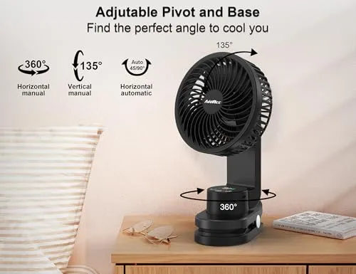 AddAcc Small Desk Fan, Rechargeable Clip On Fan with Atmosphere Light & Hook, Battery Operated Table Fan, Ultra Quiet, 9 Speed Auto Oscillation Desktop Fan for Bedroom Office Home Travel Camping