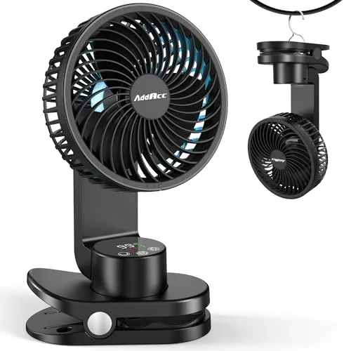 AddAcc Small Desk Fan, Rechargeable Clip On Fan with Atmosphere Light & Hook, Battery Operated Table Fan, Ultra Quiet, 9 Speed Auto Oscillation Desktop Fan for Bedroom Office Home Travel Camping