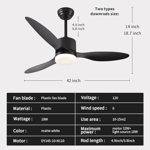 AHAWILL Ceiling Fans with Lights,42" Black Outdoor Ceiling Fan with Light and Remote Control,6 Speed,Reversible,Noiseless,3 Blades Ceiling Fans for Bedroom,Patio,Living Room,Indoor.