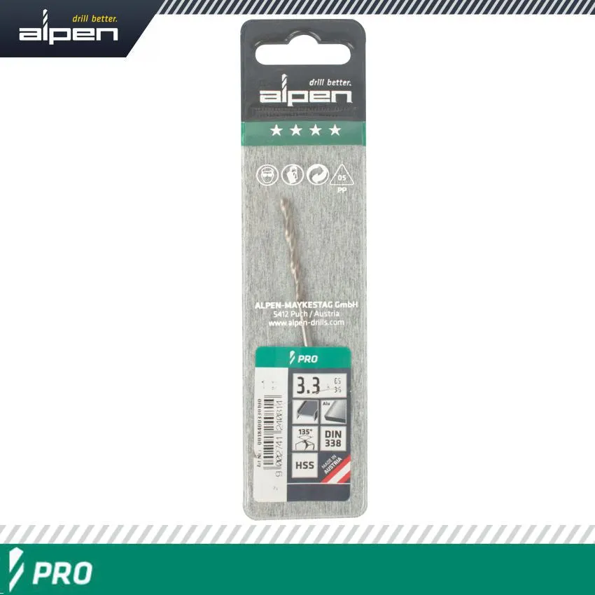 ALPEN ALPEN PRO HSS 3.3MM DRILL DIN 338 RN 135 SPLIT POINT PLASTIC WALLET  ( ALP1840033