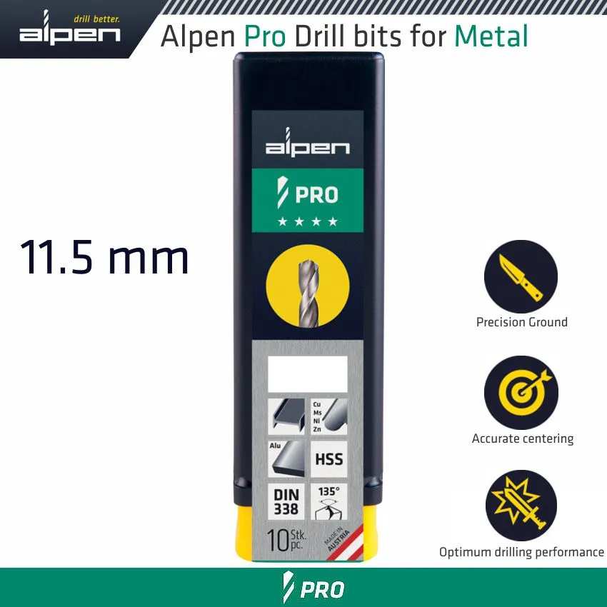 ALPEN ALPEN PRO HSS DRILL DIN 338 RN 135  WITH SPLIT POINT 11.5MM BULK ALP9540115