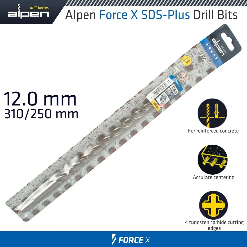 ALPEN FORCE X 12.0 x 310/250  SDS-PLUS DRILL BIT X4 CUTTING EDGES ALP845012