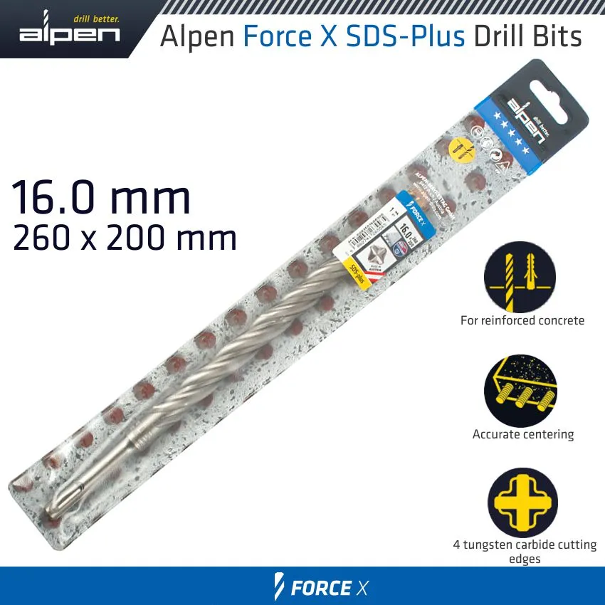 ALPEN FORCE X 16.0 x 260/200  SDS-PLUS DRILL BIT X4 CUTTING EDGES ALP835016