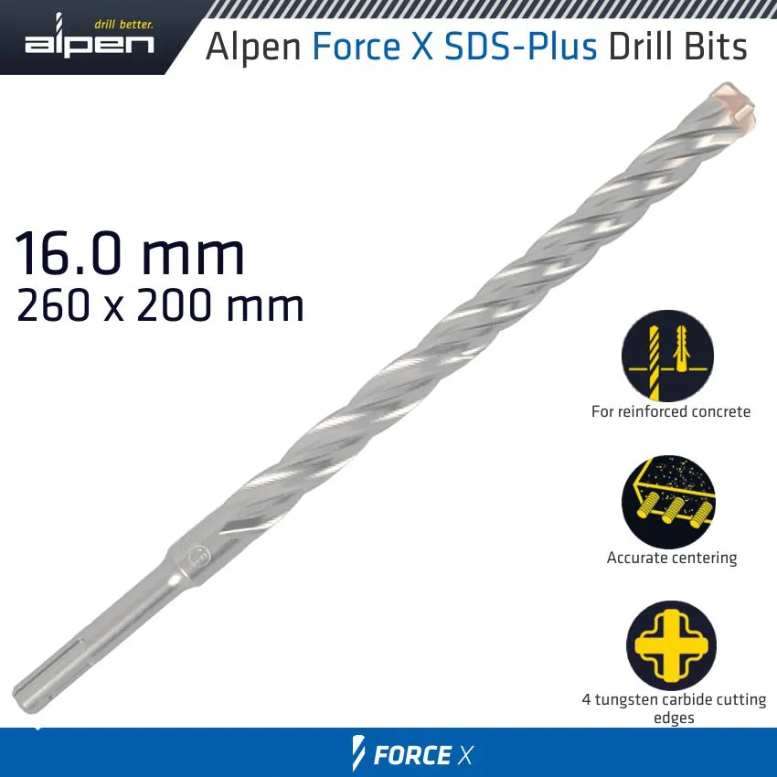 ALPEN FORCE X 16.0 x 260/200  SDS-PLUS DRILL BIT X4 CUTTING EDGES ALP835016