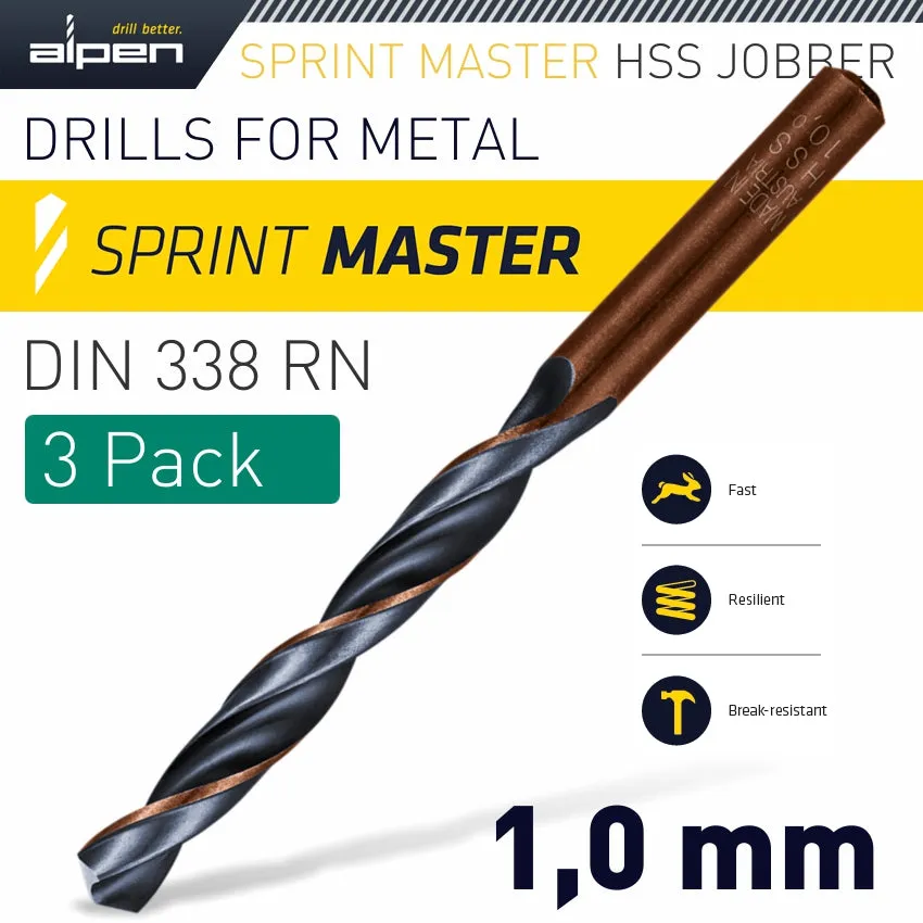 ALPEN HSS SPRINT MASTER  1.0 MM X3 SLEEVED DIN338 ALPEN DRILL BIT ALP6180010