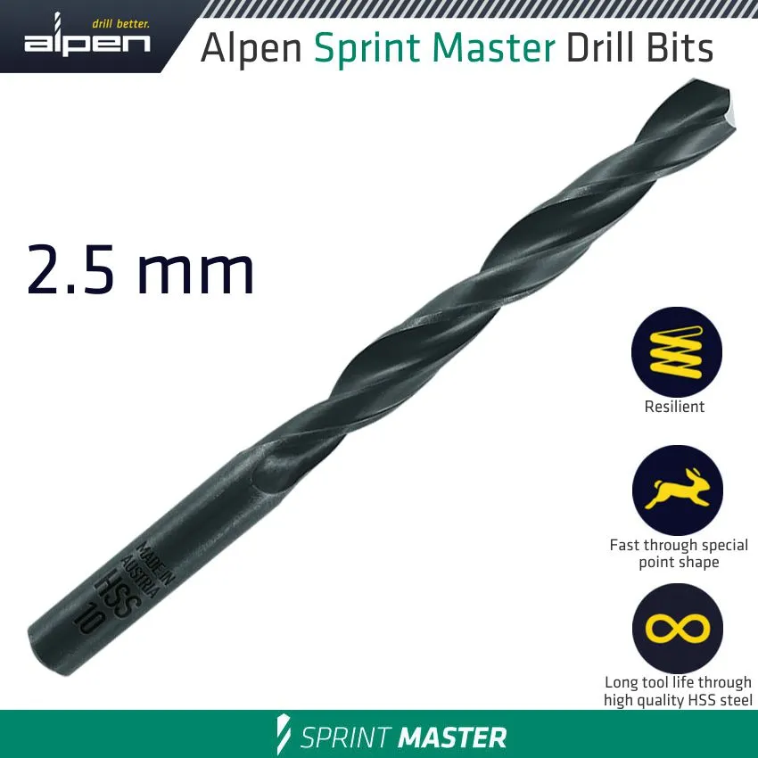 ALPEN HSS SPRINT MASTER 2.5MM X1 615025 SLEEVED DIN338 ALPEN DRILL BIT ALP614025-1