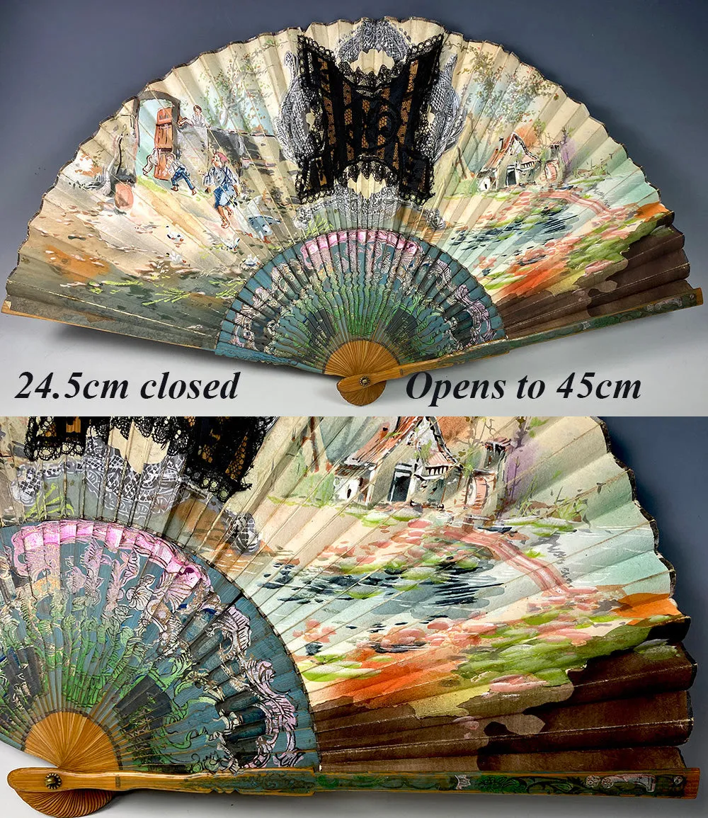 Antique Grand Tour Souvenir Hand Fan, c.1900, Japanese Bamboo with Hand Painted Leaf, Likely European