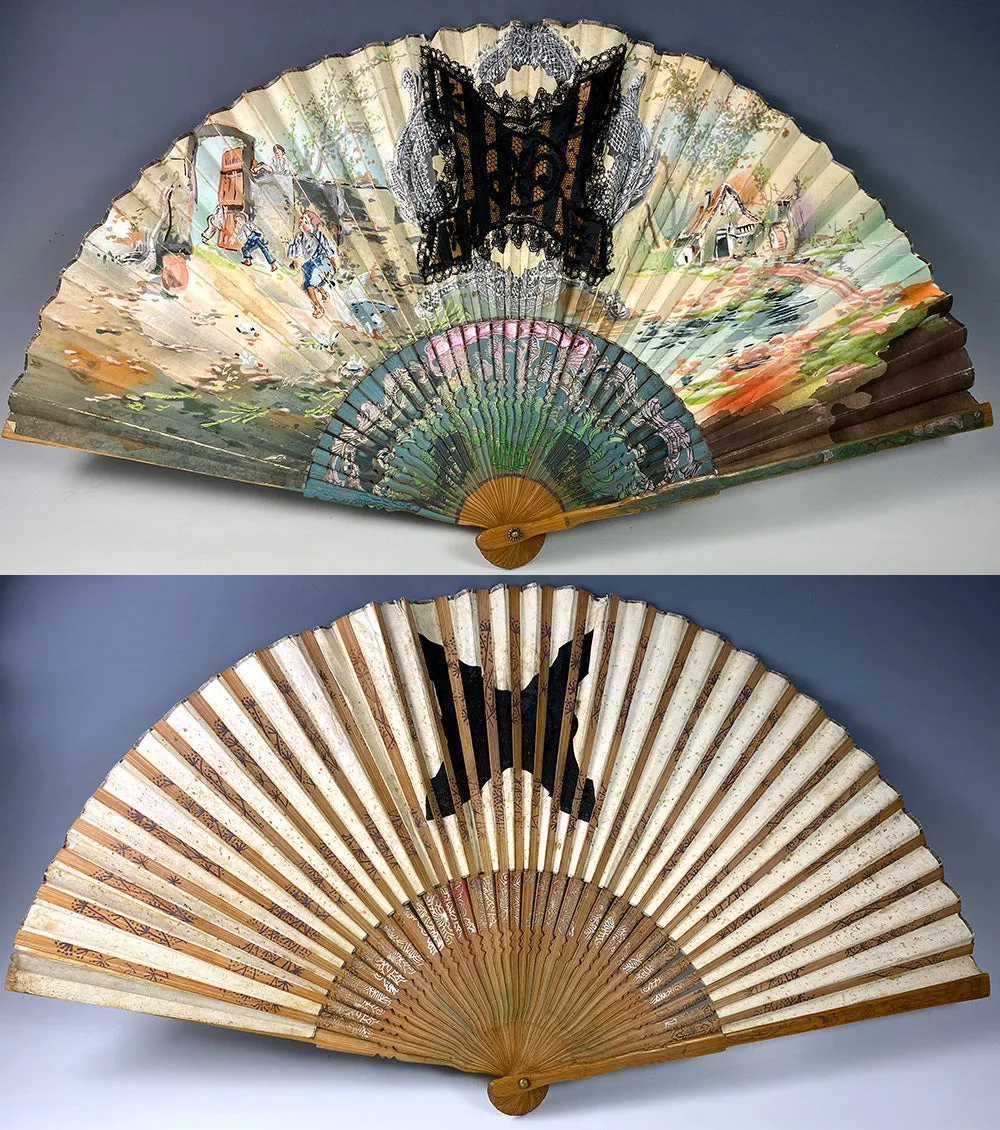 Antique Grand Tour Souvenir Hand Fan, c.1900, Japanese Bamboo with Hand Painted Leaf, Likely European