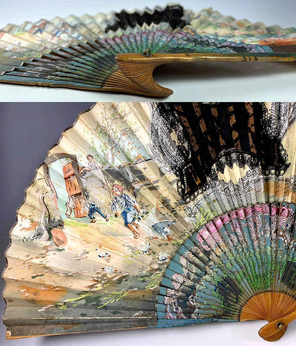 Antique Grand Tour Souvenir Hand Fan, c.1900, Japanese Bamboo with Hand Painted Leaf, Likely European