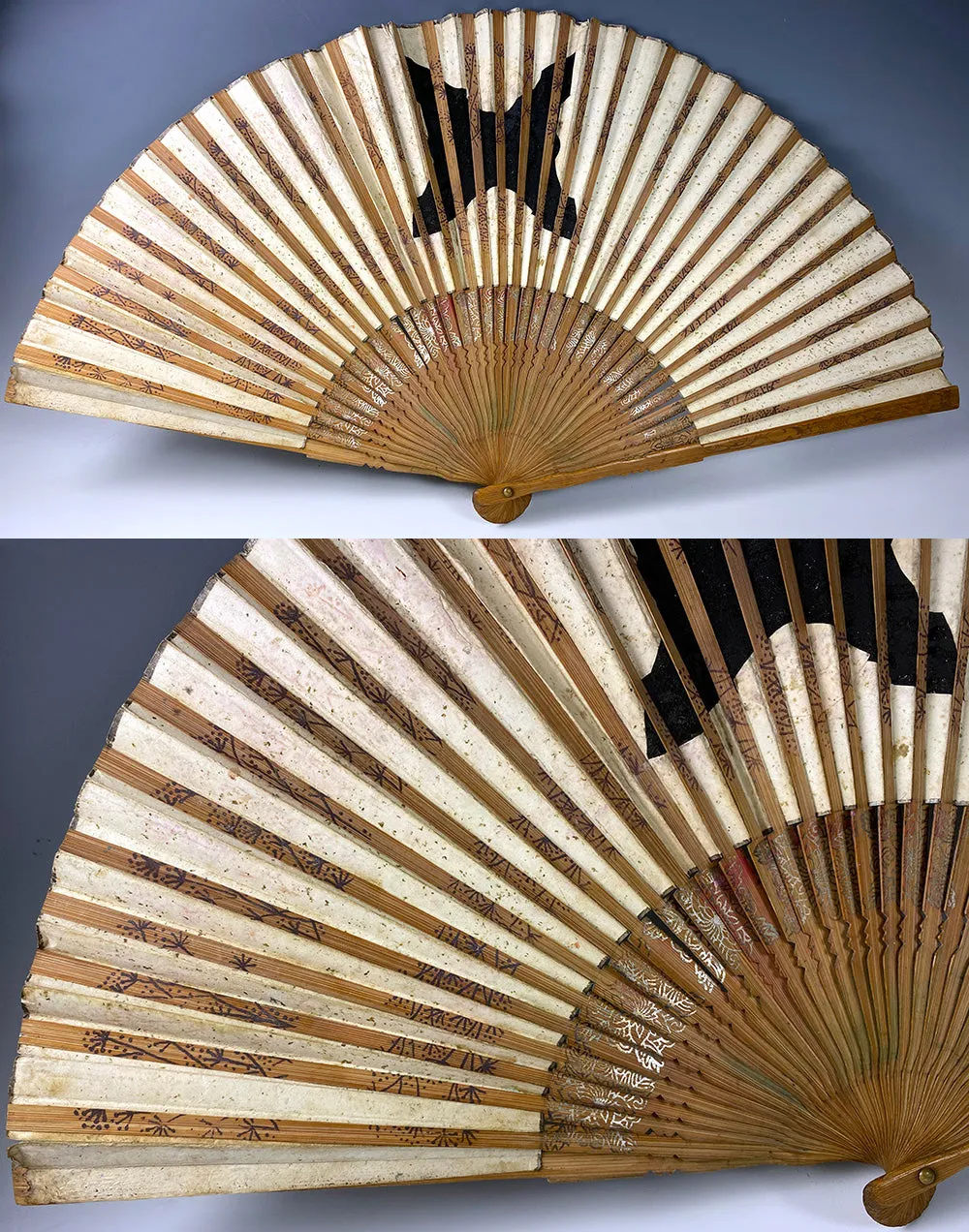 Antique Grand Tour Souvenir Hand Fan, c.1900, Japanese Bamboo with Hand Painted Leaf, Likely European