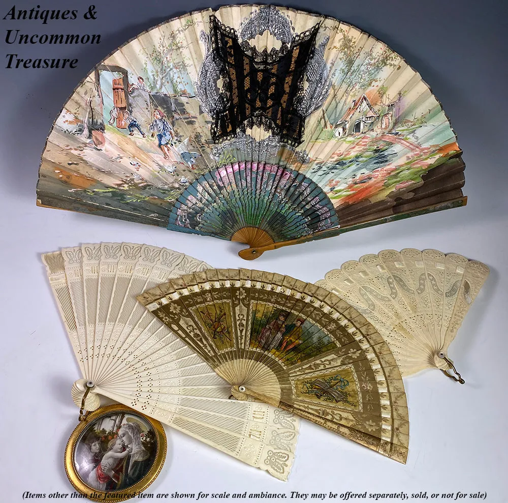 Antique Grand Tour Souvenir Hand Fan, c.1900, Japanese Bamboo with Hand Painted Leaf, Likely European