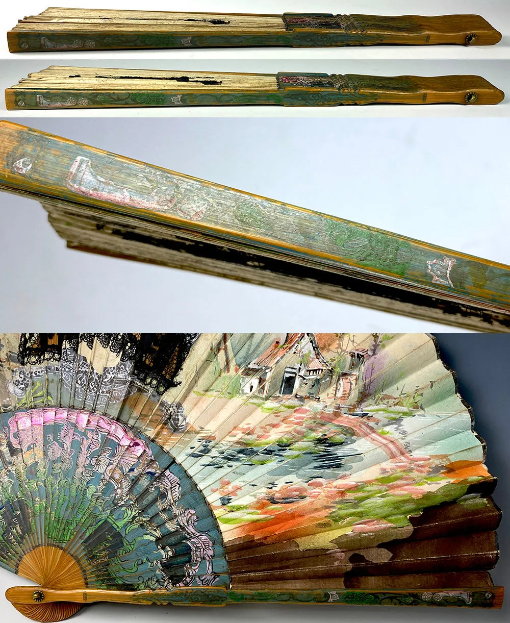 Antique Grand Tour Souvenir Hand Fan, c.1900, Japanese Bamboo with Hand Painted Leaf, Likely European