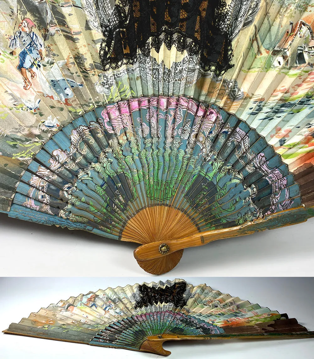 Antique Grand Tour Souvenir Hand Fan, c.1900, Japanese Bamboo with Hand Painted Leaf, Likely European