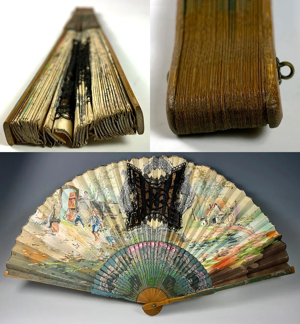 Antique Grand Tour Souvenir Hand Fan, c.1900, Japanese Bamboo with Hand Painted Leaf, Likely European