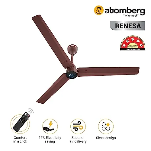 atomberg Renesa 1400mm BLDC Motor 5 Star Rated Sleek Ceiling Fans with Remote Control | Upto 65% Energy Saving, High Air Delivery and LED Indicators | 2 1 Year Warranty (Brown)