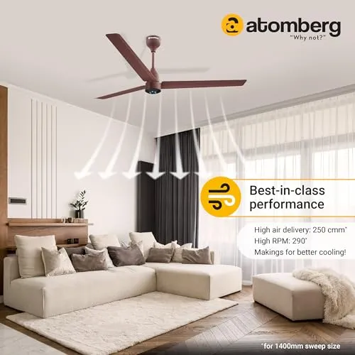 atomberg Renesa 1400mm BLDC Motor 5 Star Rated Sleek Ceiling Fans with Remote Control | Upto 65% Energy Saving, High Air Delivery and LED Indicators | 2 1 Year Warranty (Brown)