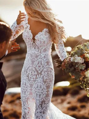 Backless Wedding Dresses Mermaid V-neck Beautiful Lace Long Sleeve Beach Bridal Gown JKW285