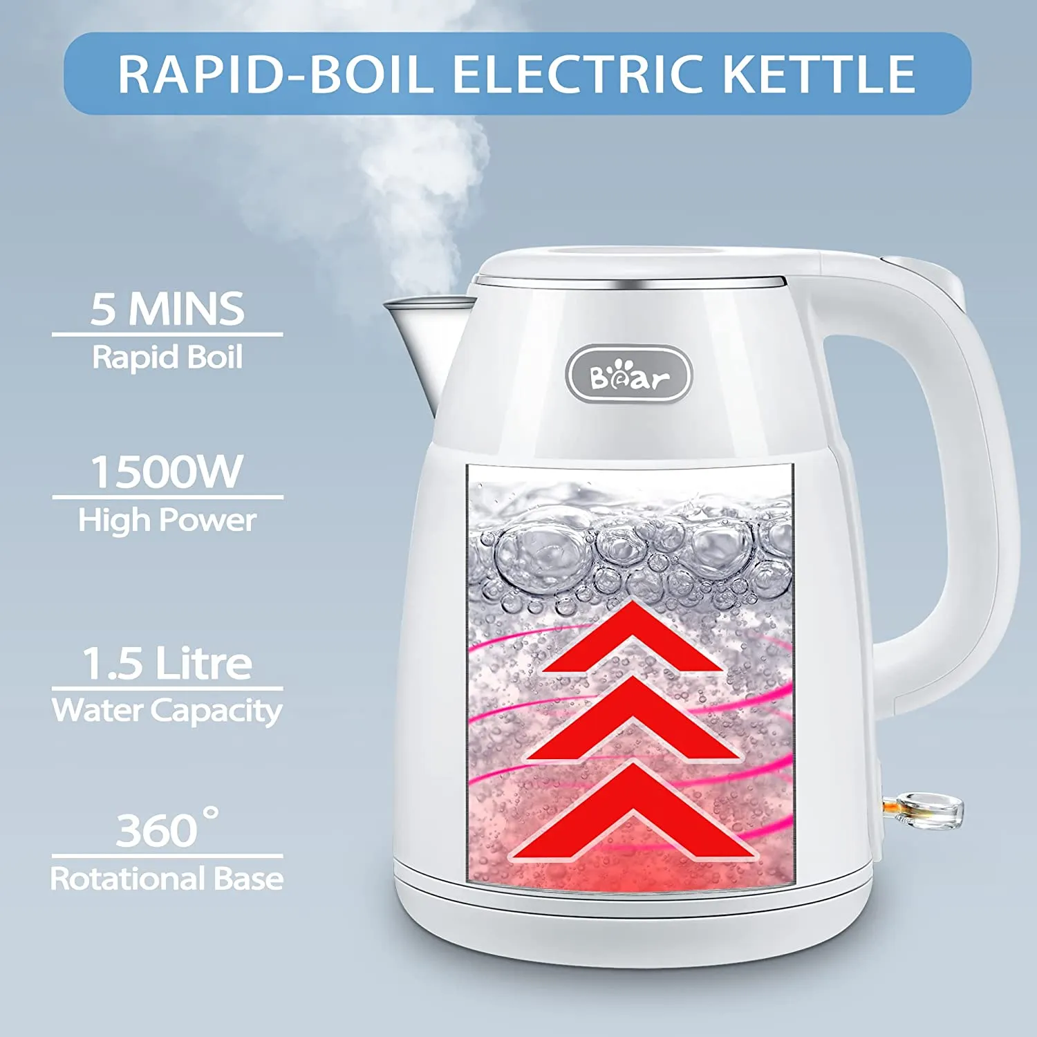 Bear Electric Kettle, ZDH-Q15U8, 1.5L Stainless Steel , 1500W with Auto Shut Off & Dry Protection