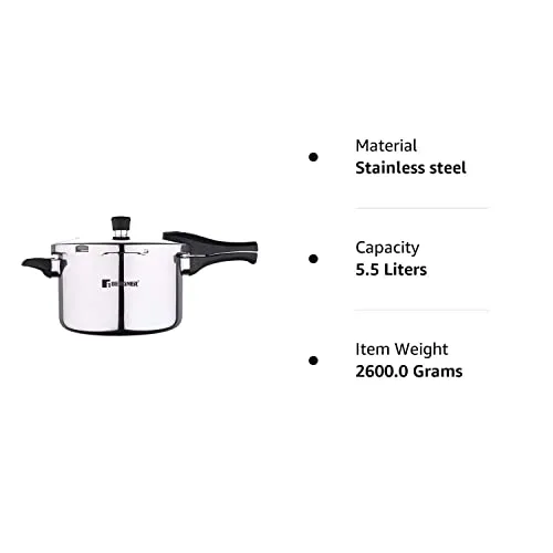 Bergner Argent Elements Triply 5.5 L Pressure Cooker with 3 Safety System and Pressure Indicator, Steam Safety lock Handle>Gasket Pressure Release>Safety Valve, Ideal for Medium Family, Cook Rice/Vegetables/Stews/Curry/Meat, 5 Year Warranty