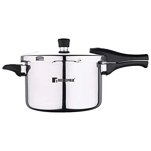 Bergner Argent Elements Triply 5.5 L Pressure Cooker with 3 Safety System and Pressure Indicator, Steam Safety lock Handle>Gasket Pressure Release>Safety Valve, Ideal for Medium Family, Cook Rice/Vegetables/Stews/Curry/Meat, 5 Year Warranty