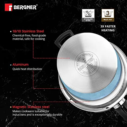 Bergner Argent Elements Triply 5.5 L Pressure Cooker with 3 Safety System and Pressure Indicator, Steam Safety lock Handle>Gasket Pressure Release>Safety Valve, Ideal for Medium Family, Cook Rice/Vegetables/Stews/Curry/Meat, 5 Year Warranty