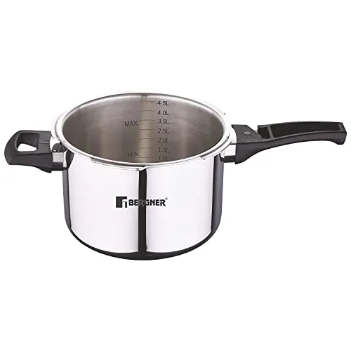 Bergner Argent Elements Triply 5.5 L Pressure Cooker with 3 Safety System and Pressure Indicator, Steam Safety lock Handle>Gasket Pressure Release>Safety Valve, Ideal for Medium Family, Cook Rice/Vegetables/Stews/Curry/Meat, 5 Year Warranty