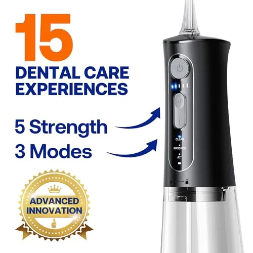 Bitvae C5 Water Dental Flosser for Teeth, Cordless Water Teeth Cleaner Picks, 3 Modes 5 Intensities, IPX7 Waterproof Water Flosser, 6 Tips Rechargeable Water Dental Picks for Cleaning - Black