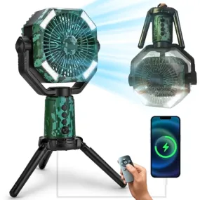 Camping Fan with LED Lights, 20,000mAh Rechargeable Battery Powered Fan, Portable Fan with Remote Control and Oscillating Function for Outdoor Travel, Fishing, Power Outages and Workplaces (Green)