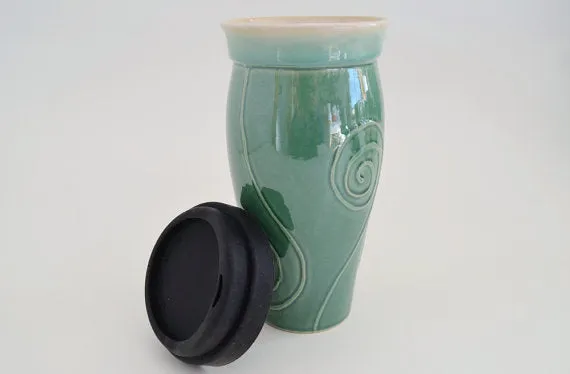 Ceramic Travel Mug with Lid- Green with Spiral Design