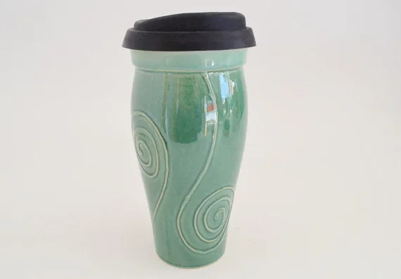 Ceramic Travel Mug with Lid- Green with Spiral Design