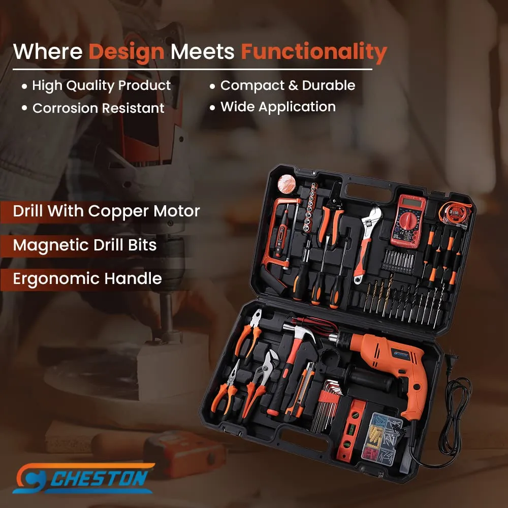 Cheston Powerful Impact Drill Machine Cum Screwdriver Kit 13mm Chuck with 128 Pieces Tools and Accessories for Drilling; Screw-Driving, blue (CHD-TK500)