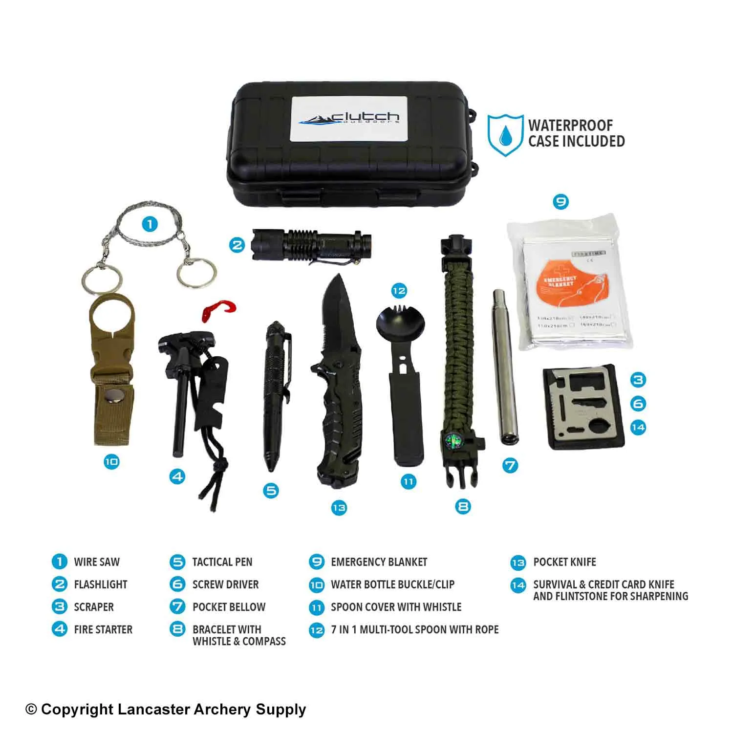 Clutch Outdoors 14-In-1 Emergency Survival Kit