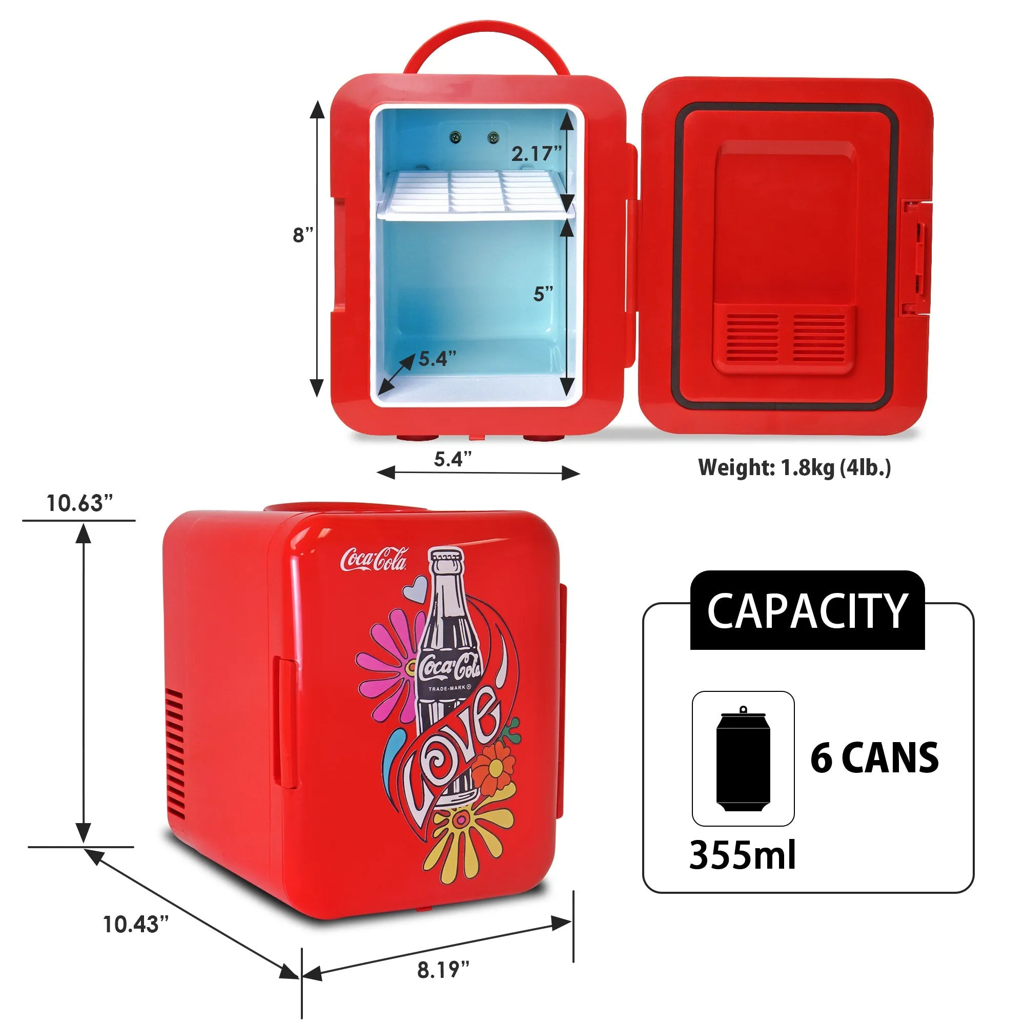 Coca-Cola Love 1971 Series 4L Cooler/Warmer w/ 12V DC and 110V AC Cords, 6 Can Portable Mini Fridge, Personal Travel Refrigerator for Snacks Lunch Drinks Cosmetics, Desk Home Office Dorm Travel, Red