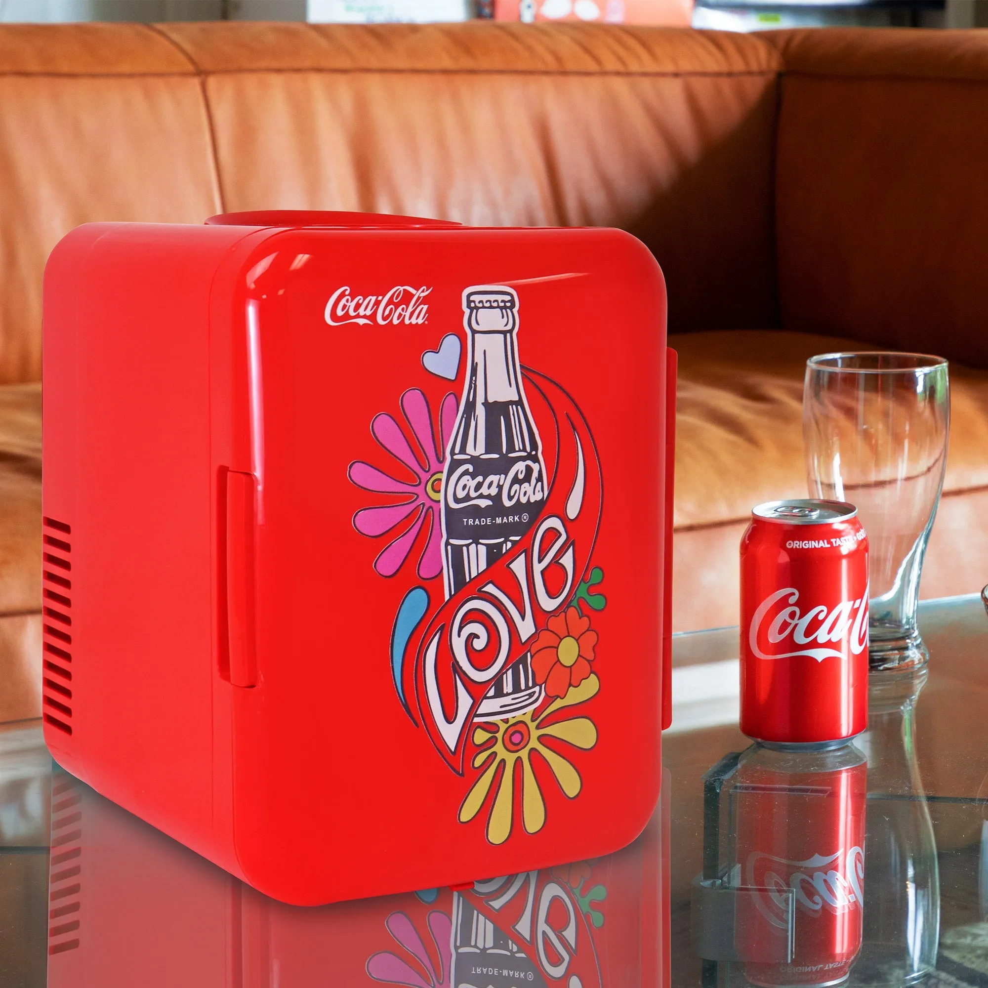 Coca-Cola Love 1971 Series 4L Cooler/Warmer w/ 12V DC and 110V AC Cords, 6 Can Portable Mini Fridge, Personal Travel Refrigerator for Snacks Lunch Drinks Cosmetics, Desk Home Office Dorm Travel, Red