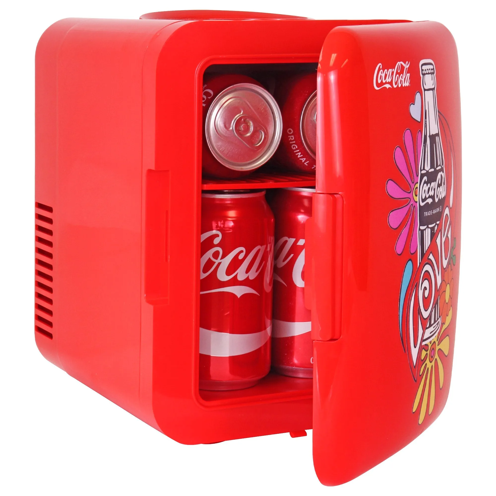 Coca-Cola Love 1971 Series 4L Cooler/Warmer w/ 12V DC and 110V AC Cords, 6 Can Portable Mini Fridge, Personal Travel Refrigerator for Snacks Lunch Drinks Cosmetics, Desk Home Office Dorm Travel, Red