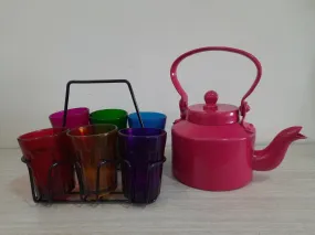 Dark Pink Aluminium Kettle with Glass Set and Stand