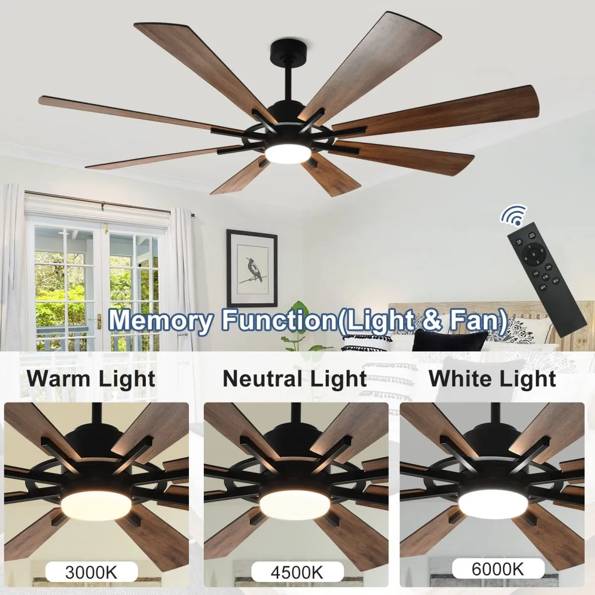 Depuley 72" DC Ceiling Fan with Lights Remote Control, Large Modern Black LED Ceiling Fans, 3-Color Reversible 8 Blades 5 Speed Quiet Motor for Living Room, Patio Hall, Office & Covered Outdoor, Timer