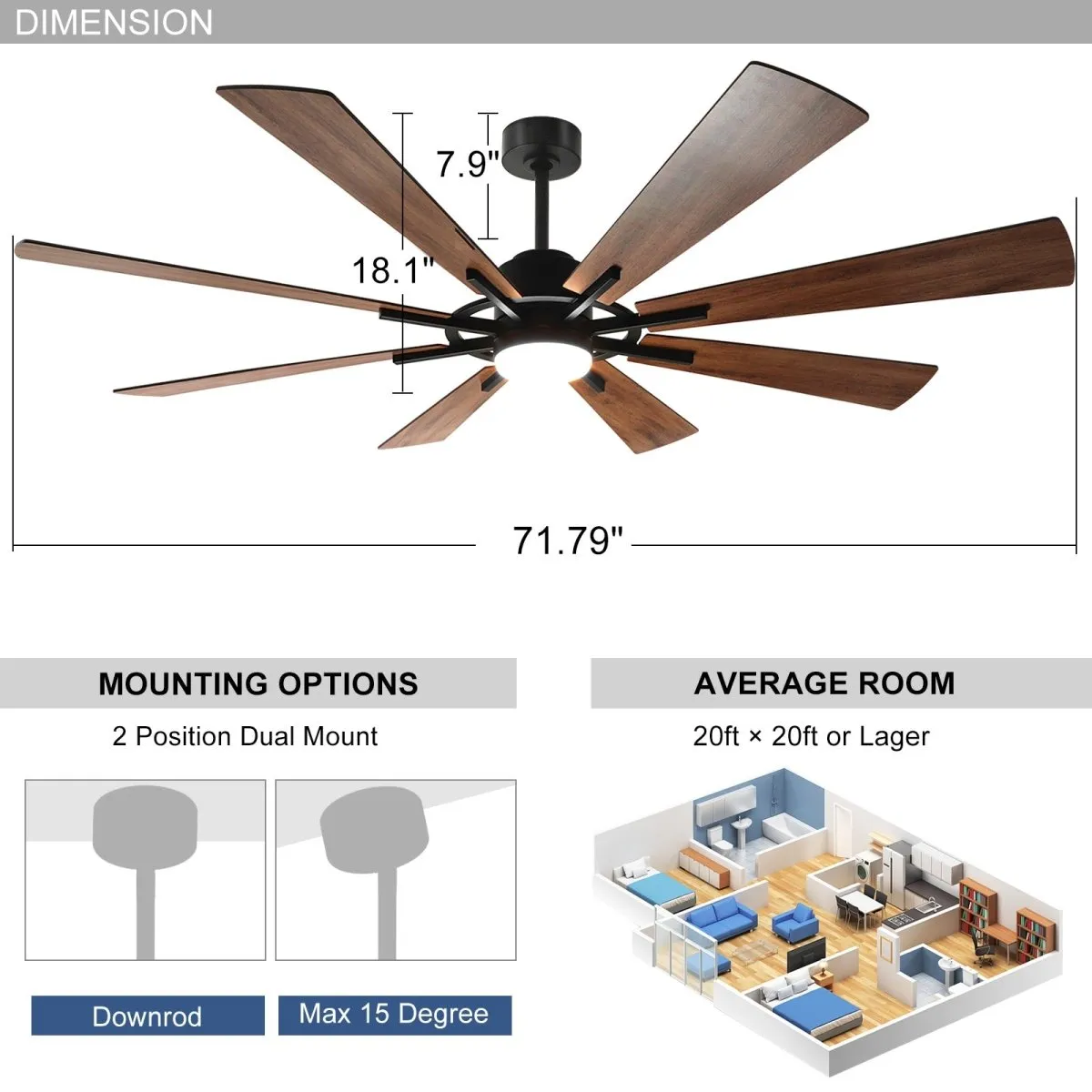 Depuley 72" DC Ceiling Fan with Lights Remote Control, Large Modern Black LED Ceiling Fans, 3-Color Reversible 8 Blades 5 Speed Quiet Motor for Living Room, Patio Hall, Office & Covered Outdoor, Timer