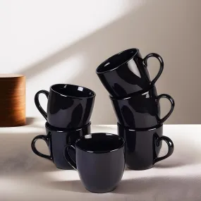 DINNERDINE All Black Glossy Ceramic Tea/Coffee Cup Set - 6 Handmade Ceramic Mugs (220ml) - Microwave Safe