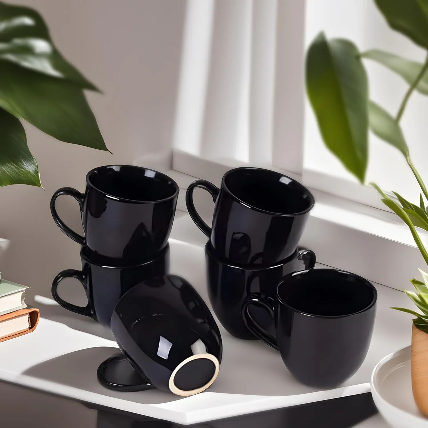 DINNERDINE All Black Glossy Ceramic Tea/Coffee Cup Set - 6 Handmade Ceramic Mugs (220ml) - Microwave Safe