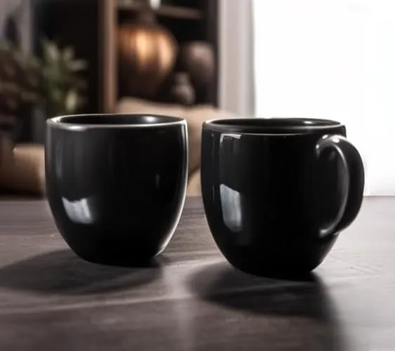 DINNERDINE All Black Glossy Ceramic Tea/Coffee Cup Set - 6 Handmade Ceramic Mugs (220ml) - Microwave Safe