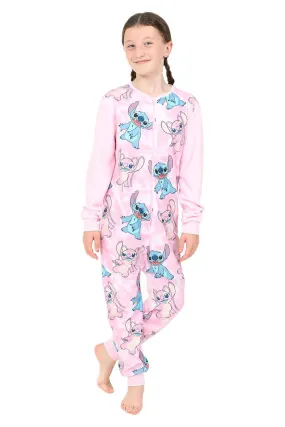 Disney Girls Lilo and Stitch Stitch & Angel Pink Fleece Sleepsuit Kids All in One