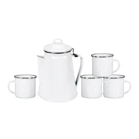 Enamel 8Cup Coffee Pot W/Perc/4-12 Oz Mugs/White W/Blue Spec